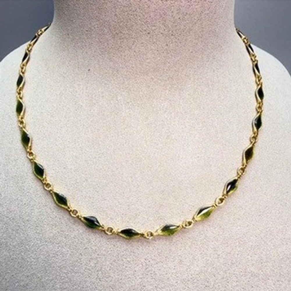 Vintage Green Enamel Chain Necklace 18" Vine Dainty Fairy Organic Gold Tone